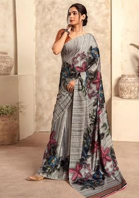 Brown Embroidered Poly Blend Saree Set With Blouse