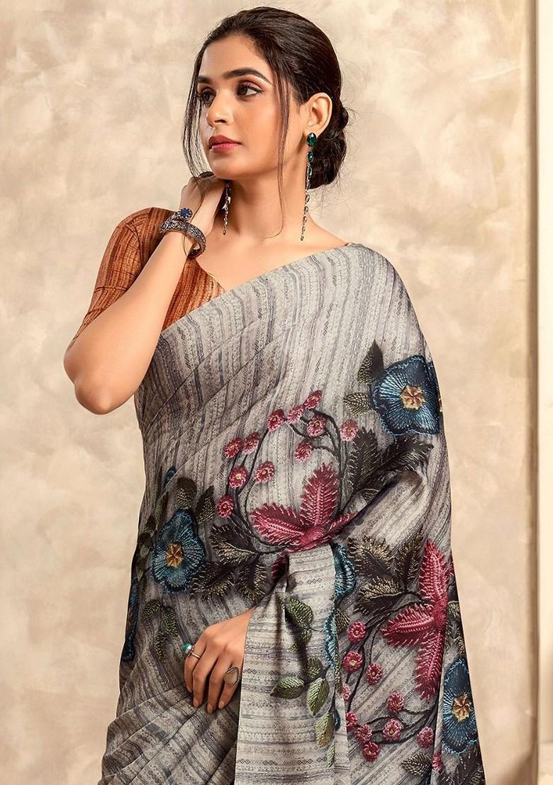 Brown Embroidered Poly Blend Saree Set With Blouse