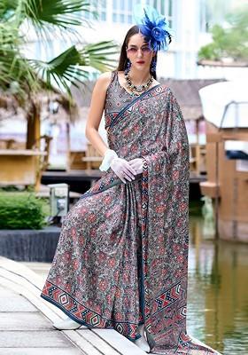 Grey Embroidered Poly Blend Saree Set With Blouse