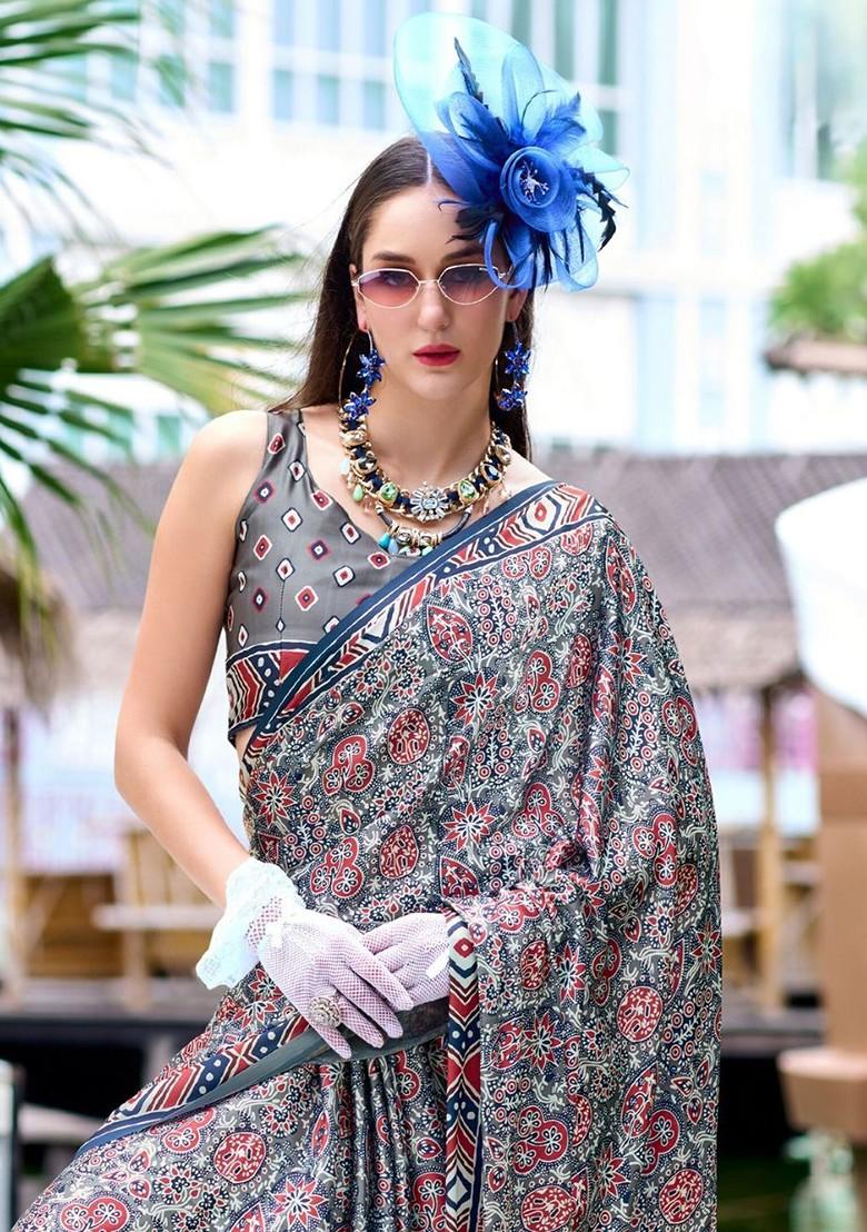 Grey Embroidered Poly Blend Saree Set With Blouse