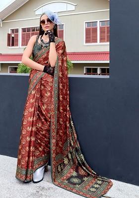 Brown Embroidered Poly Blend Saree Set With Blouse