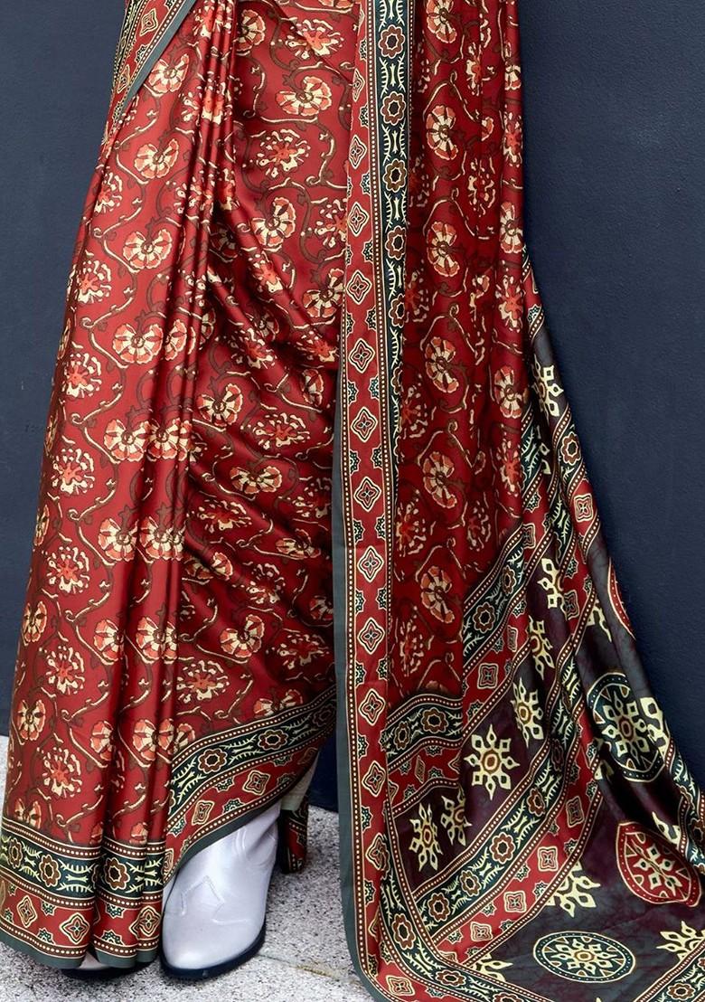 Brown Embroidered Poly Blend Saree Set With Blouse