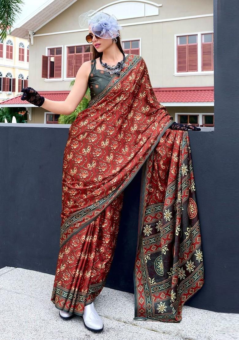 Brown Embroidered Poly Blend Saree Set With Blouse