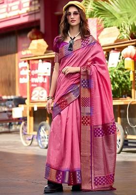 Pink Woven Design Poly Blend Saree Set With Blouse
