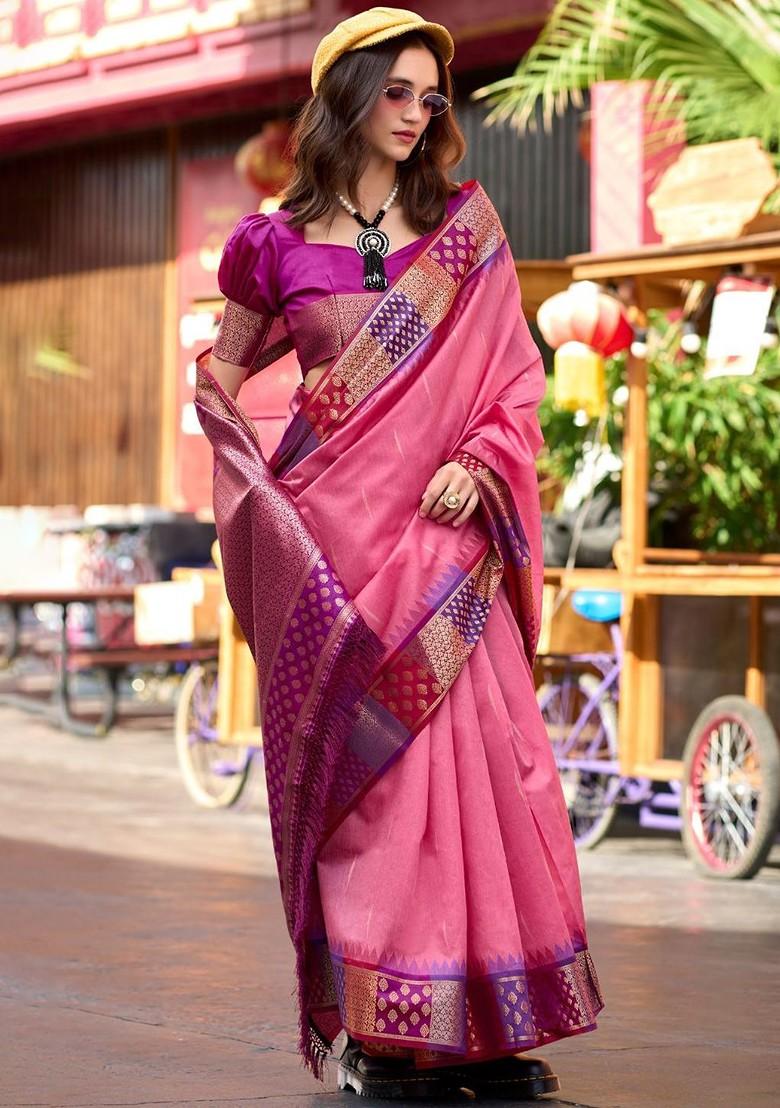 Pink Woven Design Poly Blend Saree Set With Blouse