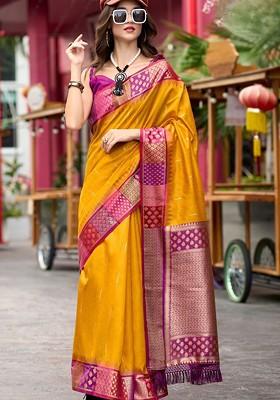 Yellow Woven Design Poly Blend Saree Set With Blouse