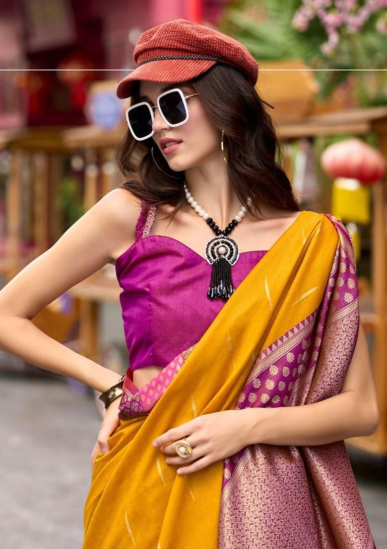 Yellow Woven Design Poly Blend Saree Set With Blouse