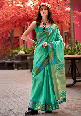 Turquoise Blue Woven Design Poly Blend Saree Set With Blouse
