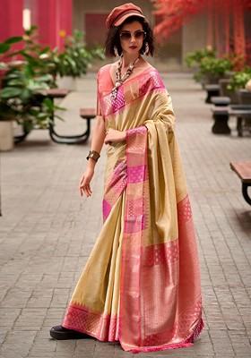 Beige Woven Design Poly Blend Saree Set With Blouse