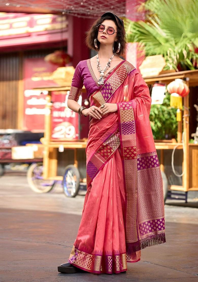 Peach Woven Design Poly Blend Saree Set With Blouse