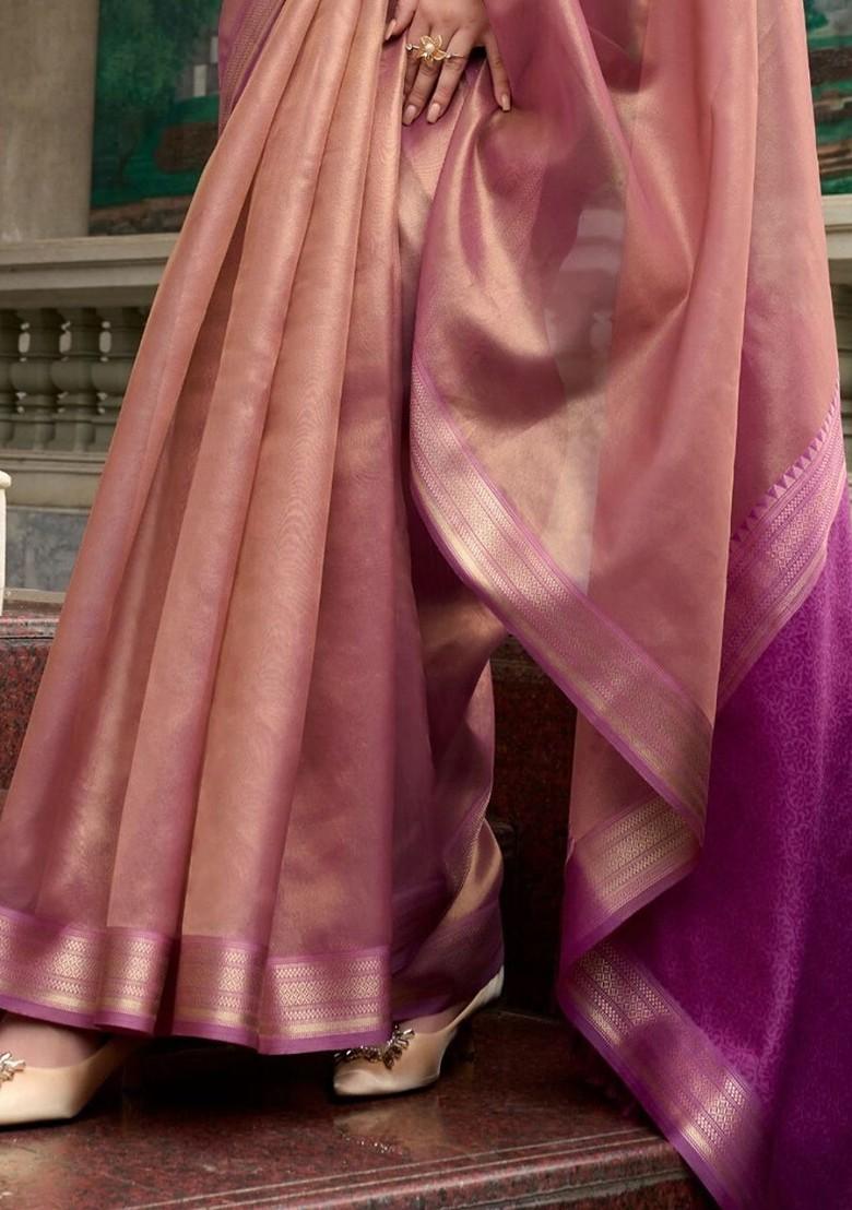 Purple Embroidered Poly Blend Saree Set With Blouse