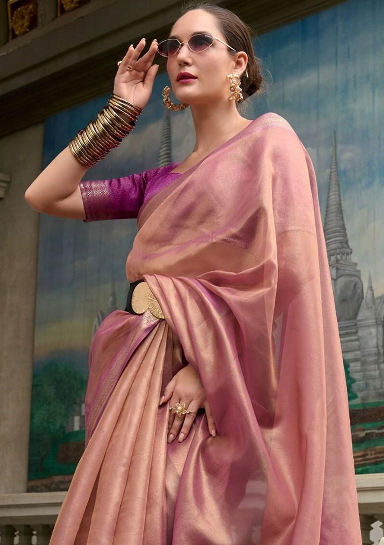 Purple Embroidered Poly Blend Saree Set With Blouse