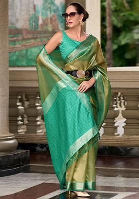 Turquoise Blue Woven Design Poly Blend Saree Set With Blouse