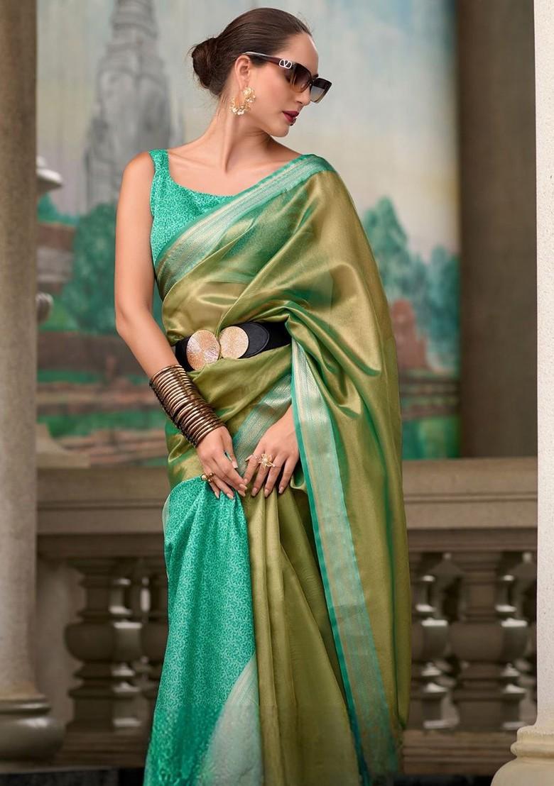 Turquoise Blue Woven Design Poly Blend Saree Set With Blouse