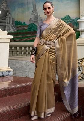 Brown Embroidered Poly Blend Saree Set With Blouse