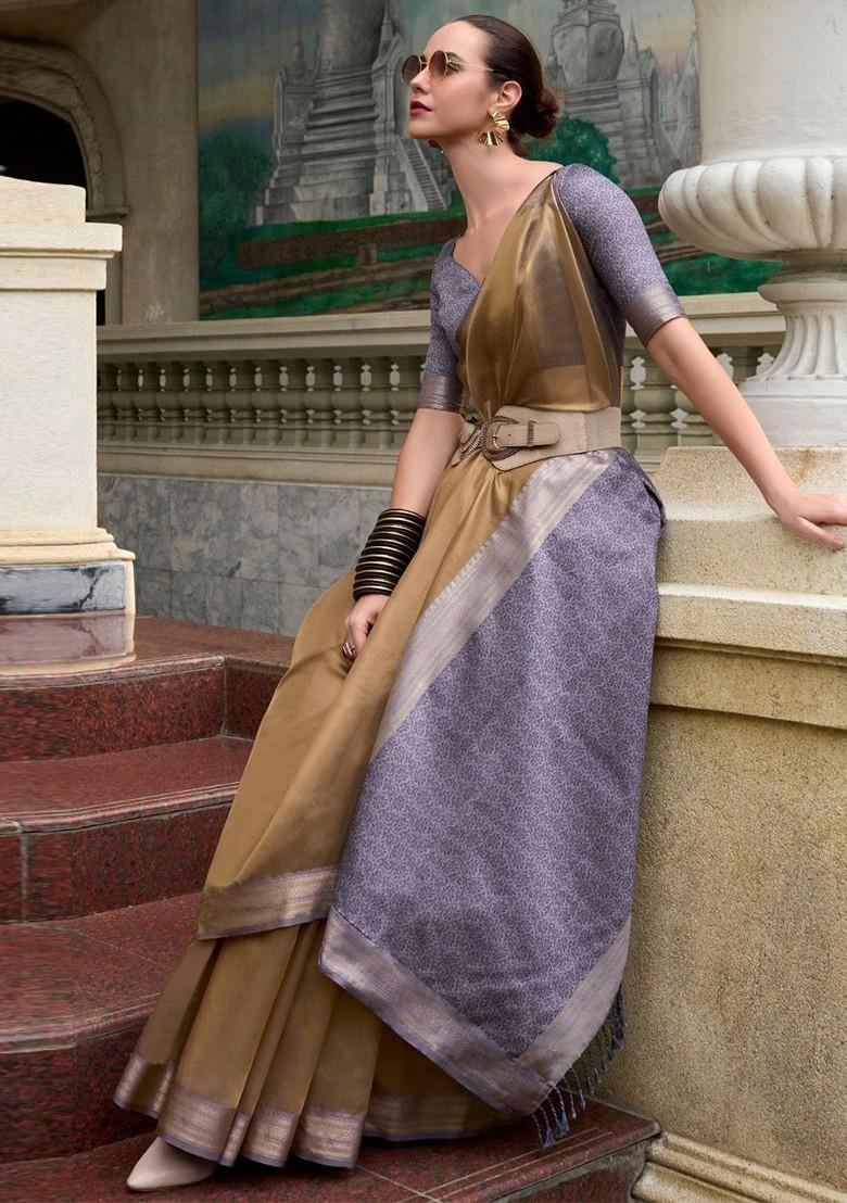 Brown Embroidered Poly Blend Saree Set With Blouse