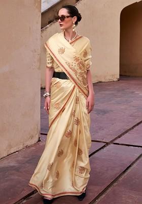 Cream Woven Design Poly Blend Saree Set With Blouse