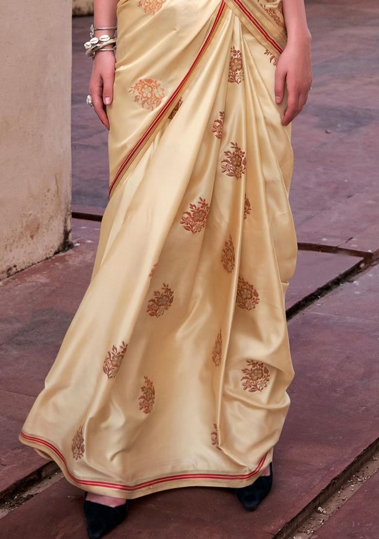 Cream Woven Design Poly Blend Saree Set With Blouse