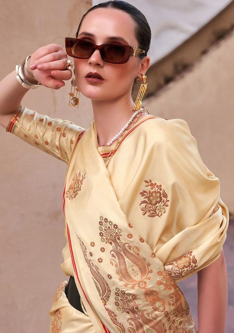 Cream Woven Design Poly Blend Saree Set With Blouse