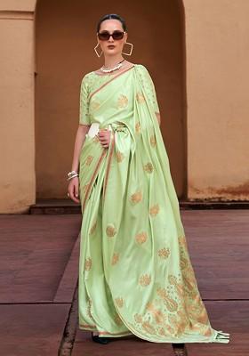 Sea Green Woven Design Poly Blend Saree Set With Blouse