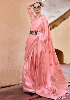 Pink Woven Design Poly Blend Saree Set With Blouse
