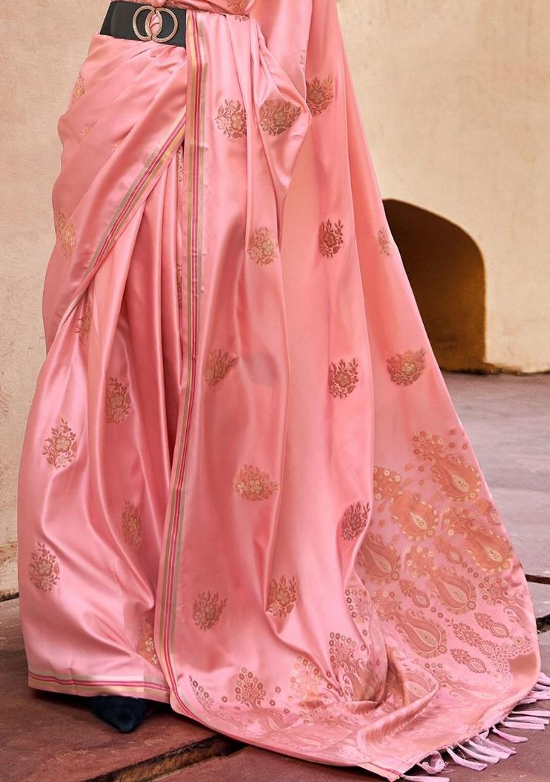 Pink Woven Design Poly Blend Saree Set With Blouse