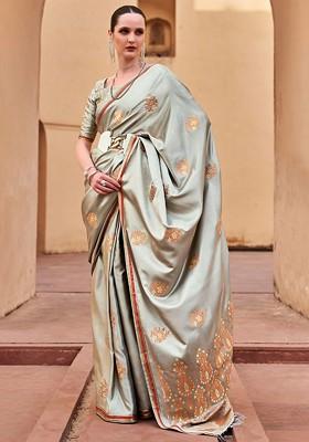 Grey Woven Design Poly Blend Saree Set With Blouse