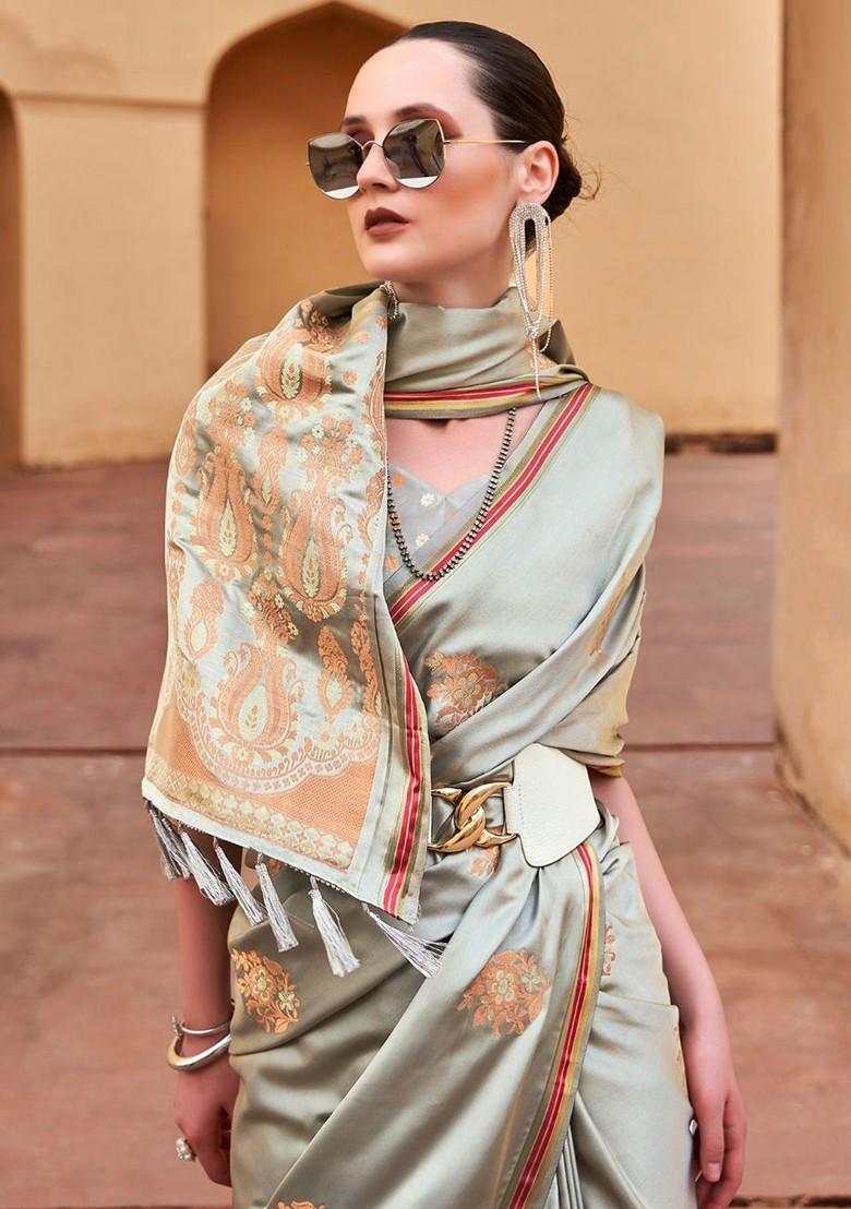 Grey Woven Design Poly Blend Saree Set With Blouse
