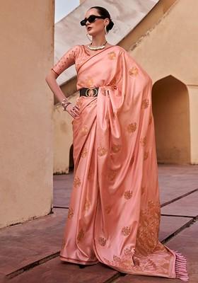 Orange Embroidered Poly Blend Saree Set With Blouse