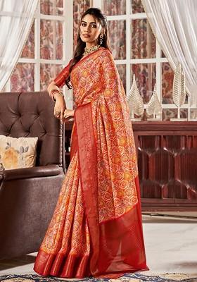 Orange Embroidered Poly Blend Saree Set With Blouse