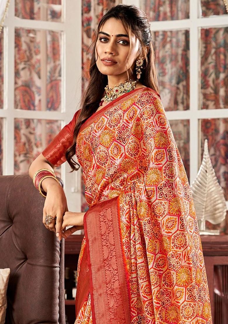 Orange Embroidered Poly Blend Saree Set With Blouse