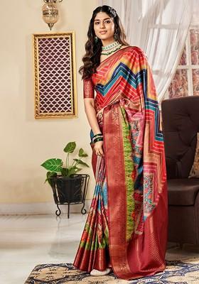 Red Embroidered Poly Blend Saree Set With Blouse