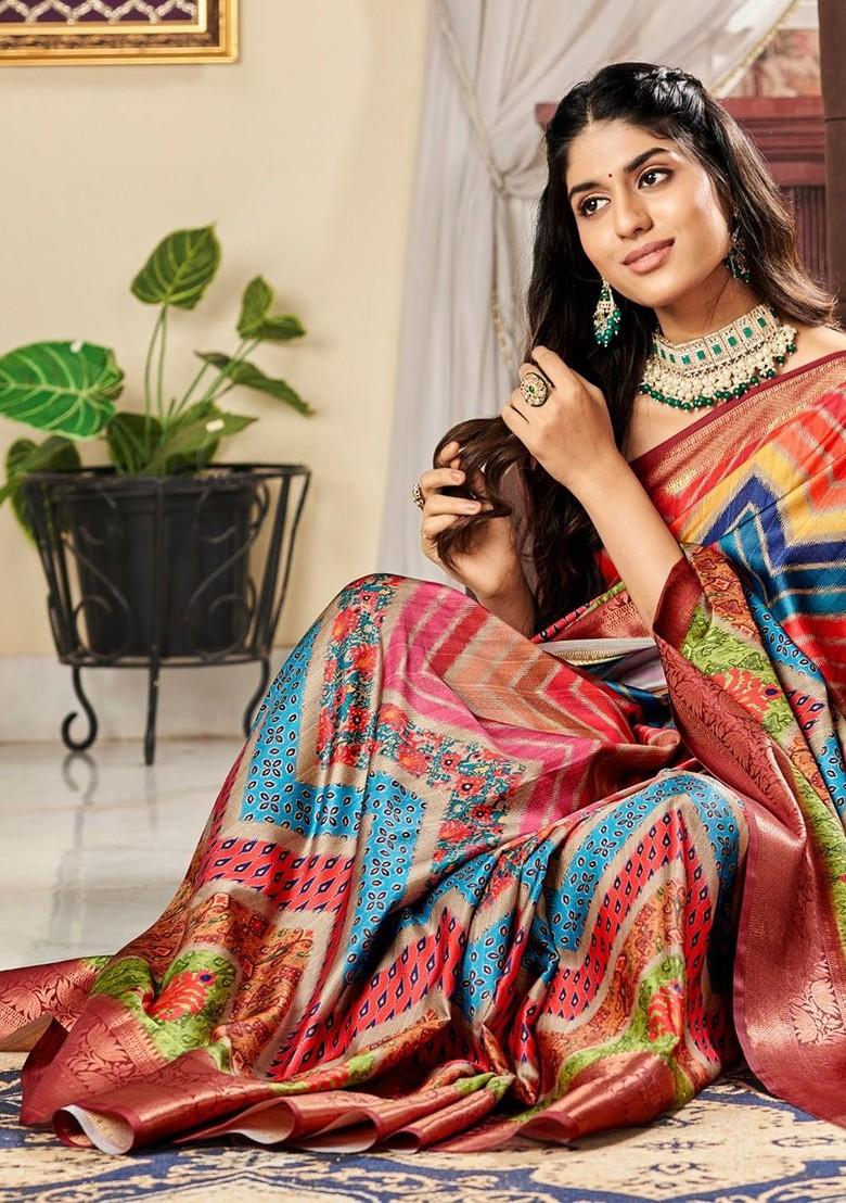 Red Embroidered Poly Blend Saree Set With Blouse