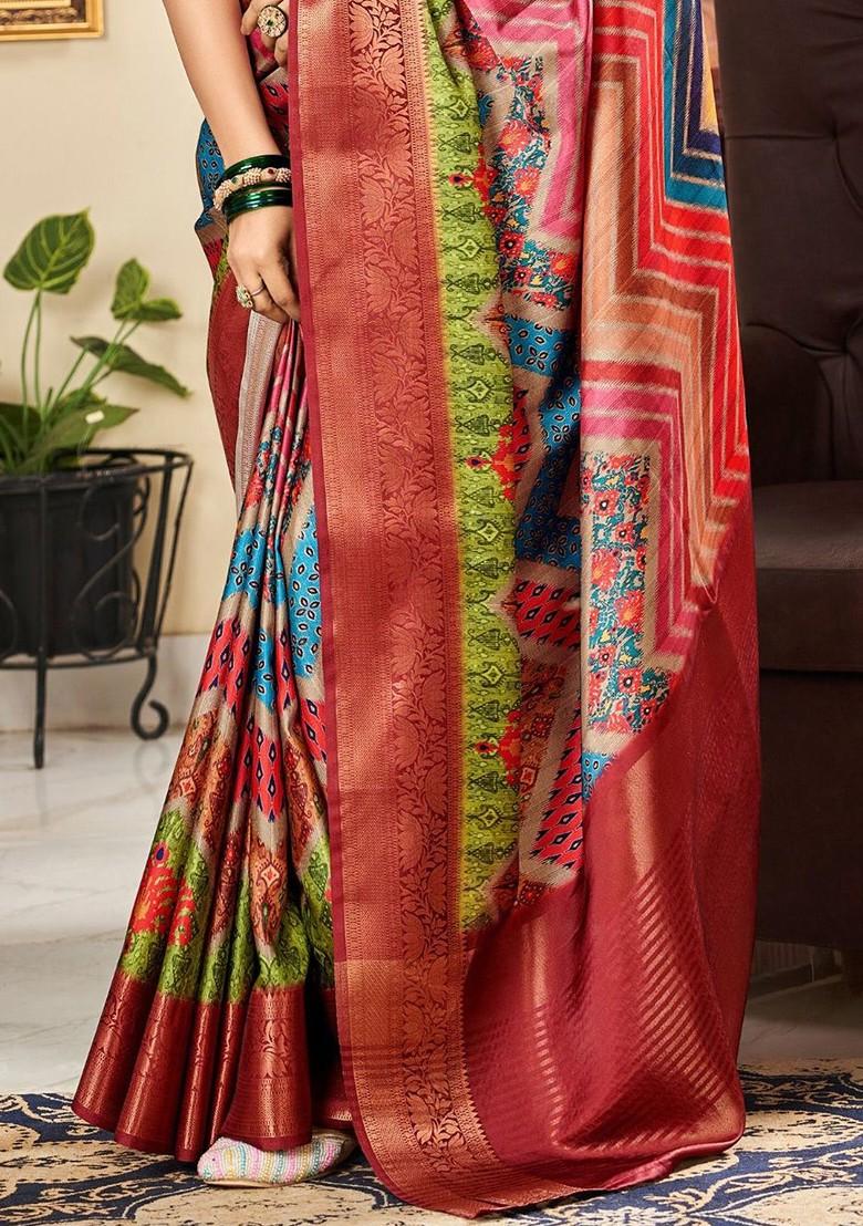 Red Embroidered Poly Blend Saree Set With Blouse