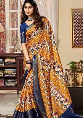 Mustard Yellow Embroidered Poly Blend Saree Set With Blouse