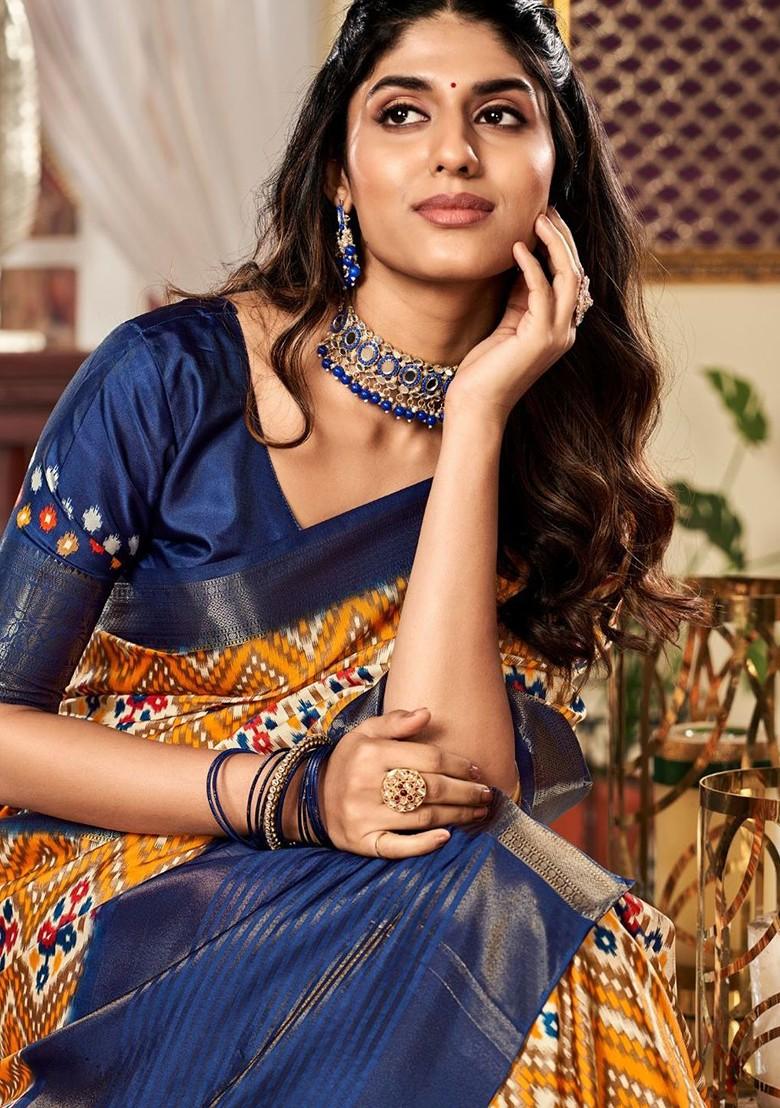 Mustard Yellow Embroidered Poly Blend Saree Set With Blouse