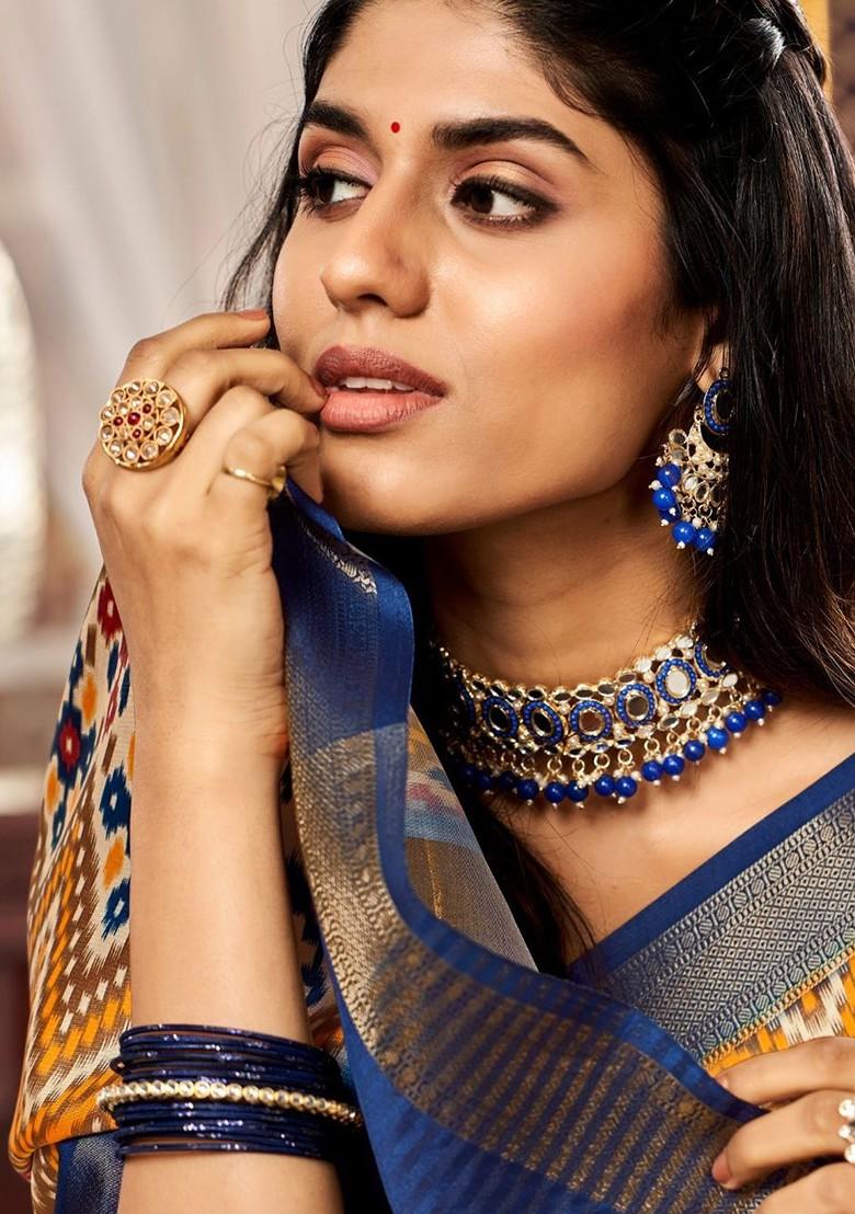 Mustard Yellow Embroidered Poly Blend Saree Set With Blouse