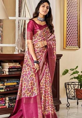 Magenta Embroidered Poly Blend Saree Set With Blouse