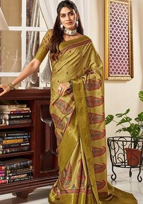 Lime Green Embroidered Poly Blend Saree Set With Blouse