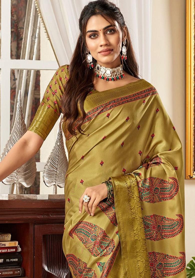 Lime Green Embroidered Poly Blend Saree Set With Blouse