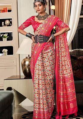 Off White Embroidered Poly Blend Saree Set With Blouse