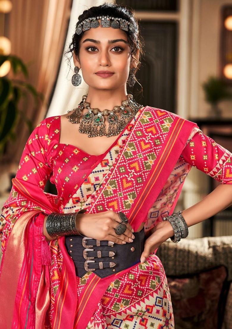 Off White Embroidered Poly Blend Saree Set With Blouse