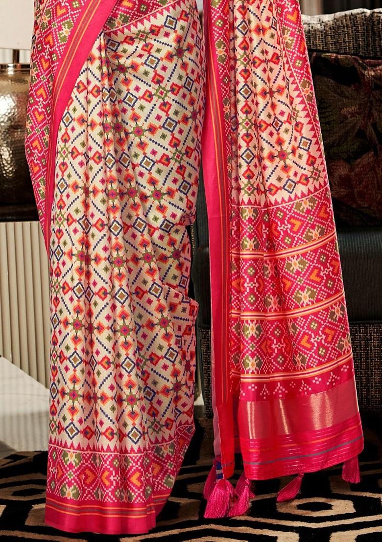 Off White Embroidered Poly Blend Saree Set With Blouse