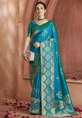 Blue Woven Design Poly Blend Saree Set With Blouse