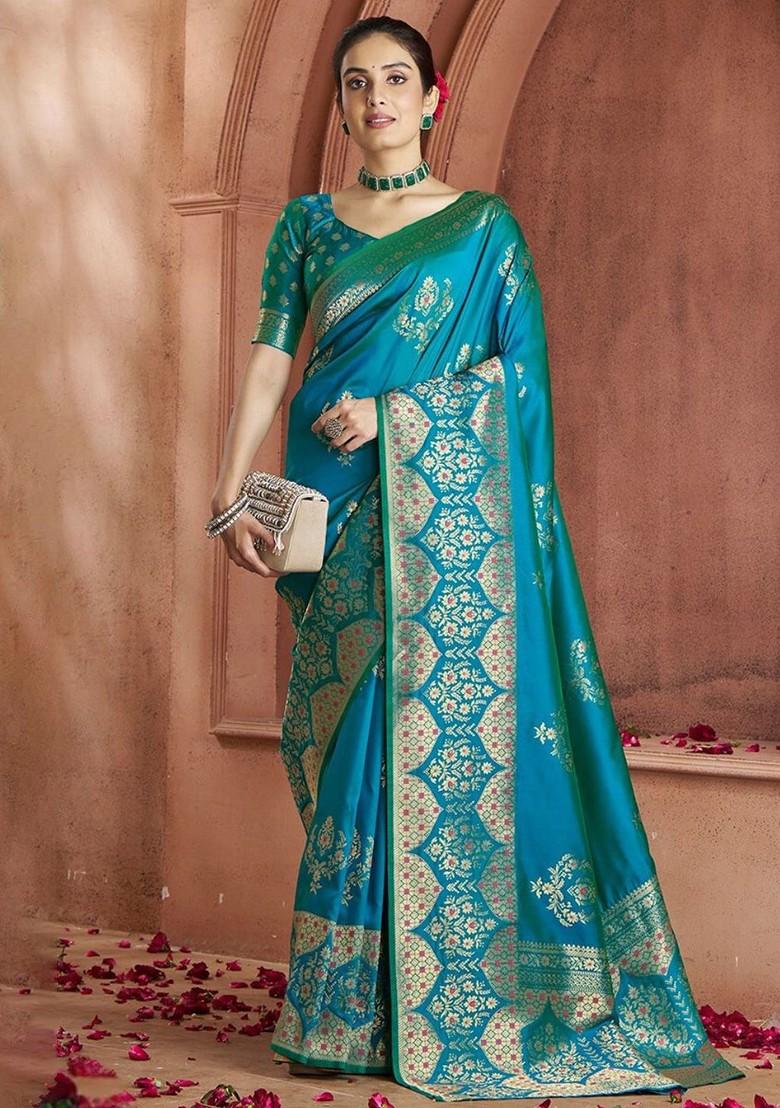 Blue Woven Design Poly Blend Saree Set With Blouse
