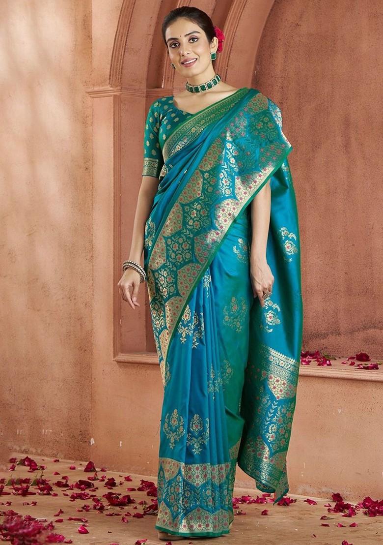 Blue Woven Design Poly Blend Saree Set With Blouse