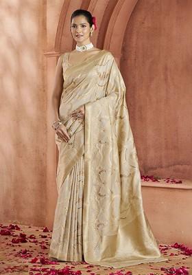 Beige Woven Design Poly Blend Saree Set With Blouse