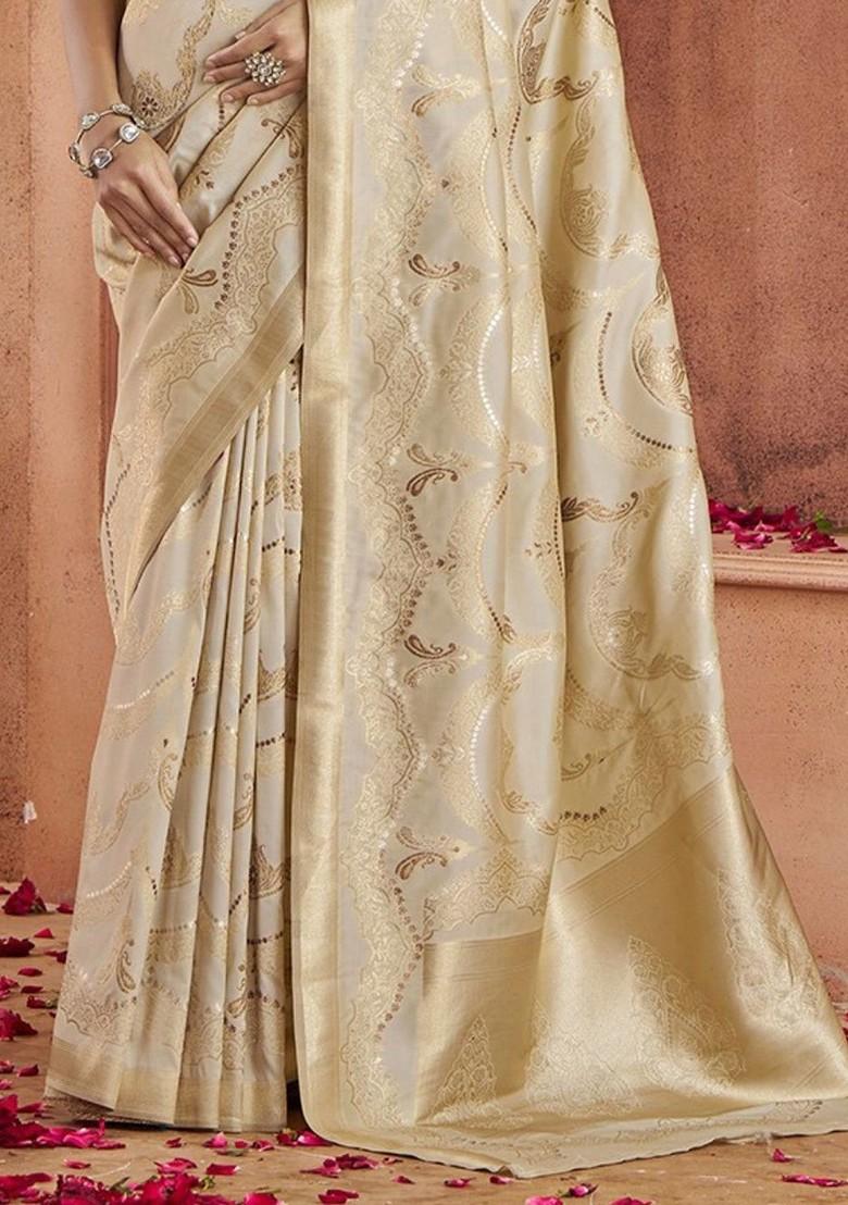 Beige Woven Design Poly Blend Saree Set With Blouse