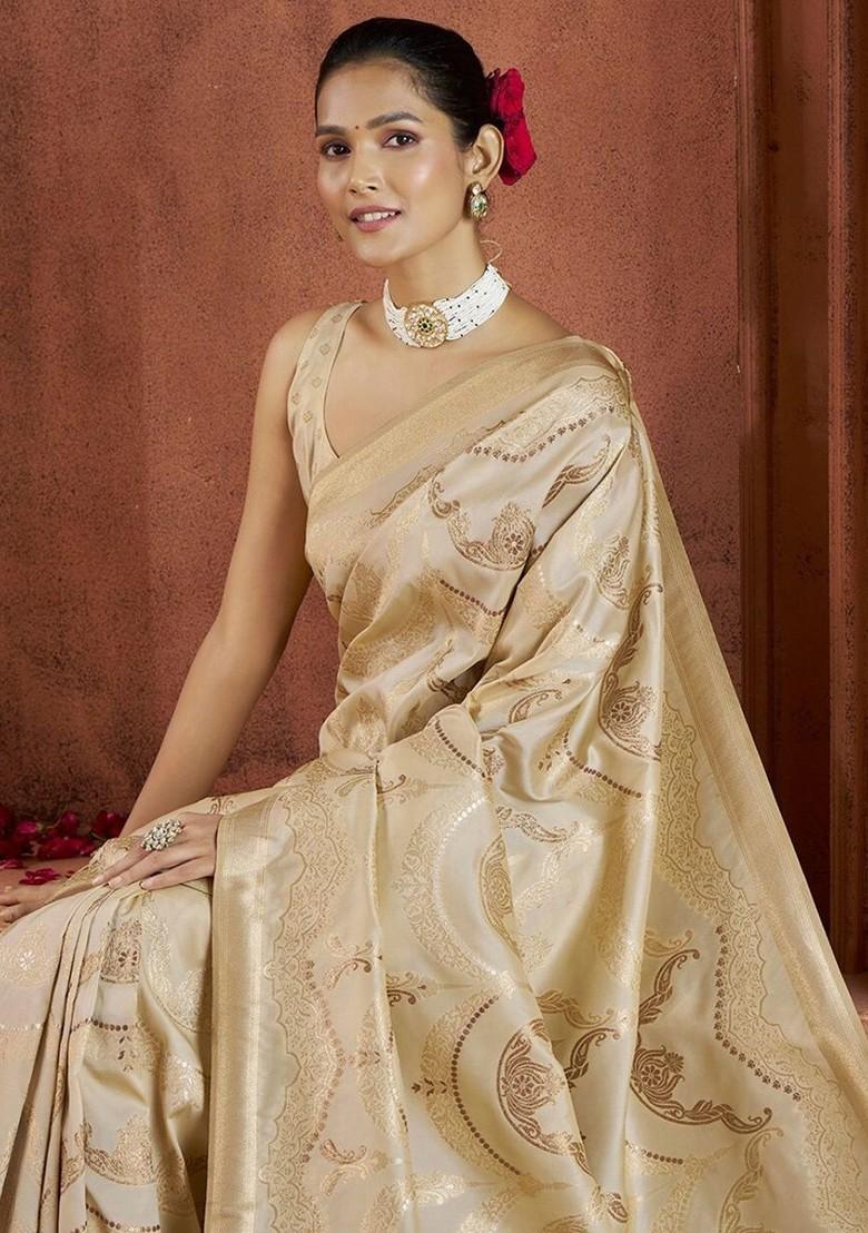 Beige Woven Design Poly Blend Saree Set With Blouse