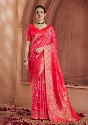 Red Woven Design Poly Blend Saree Set With Blouse